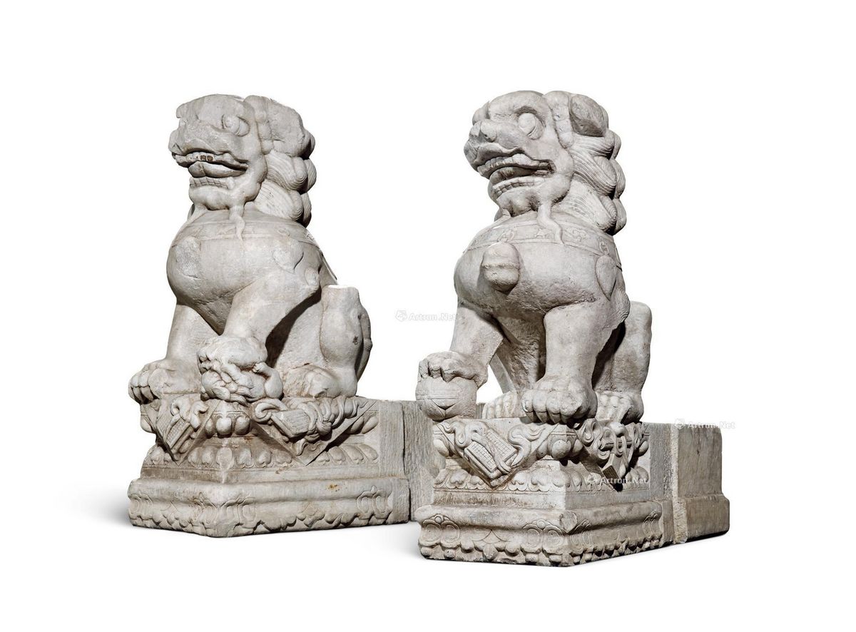 明 青白石石狮 (一对) 100×41×100cm