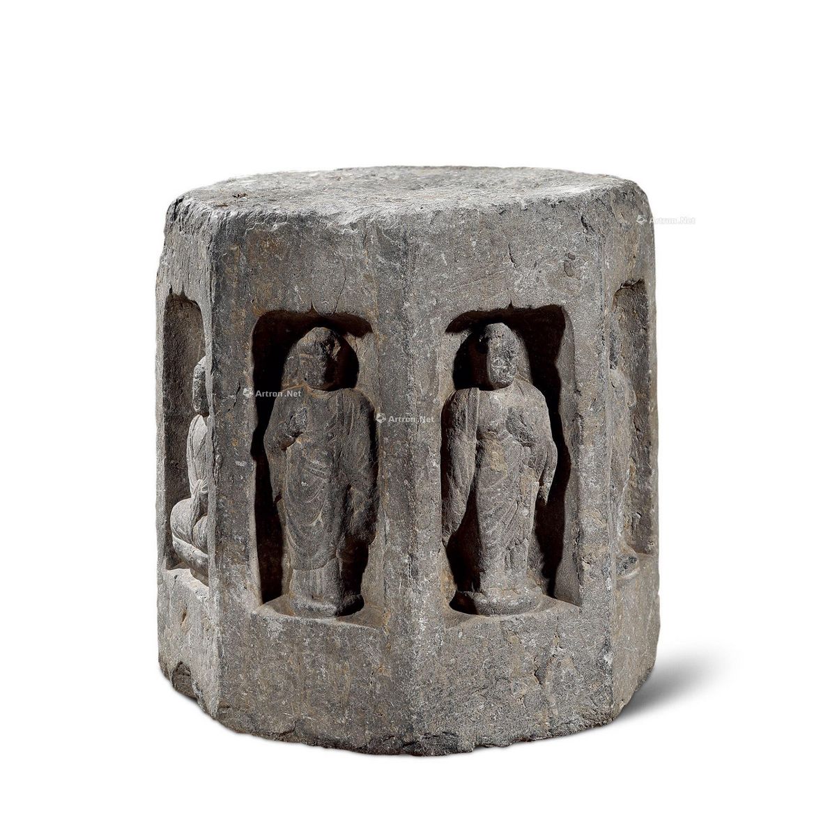 明 青石八面开窗人物纹花台 34.5×34×35cm