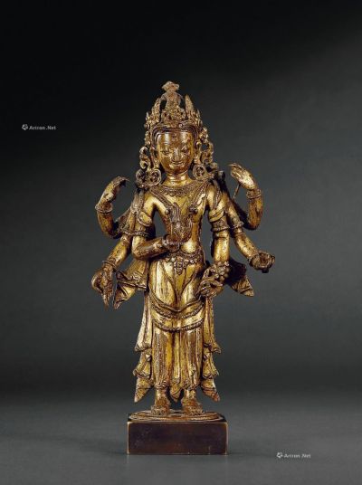 16世纪 尼泊尔铜鎏金不空罥索观音站像