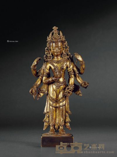 16世纪 尼泊尔铜鎏金不空罥索观音站像 高18cm