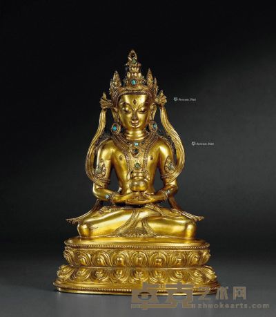 15世纪 铜鎏金无量寿佛像 高20cm