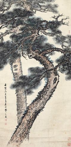 费继武 双松献寿图
