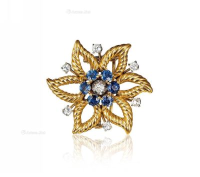 约1960年制 尚美（CHAUMET）18K金镶蓝宝石配钻石胸针