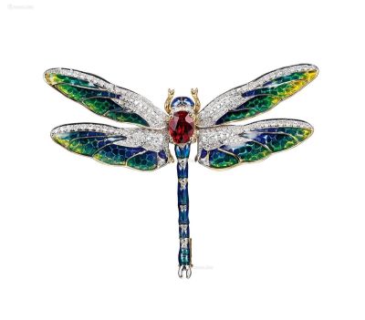 红宝石配珐琅彩及钻石蜻蜓胸针
