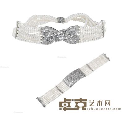 18K白金镶珍珠及钻石脖链、手链套组 --