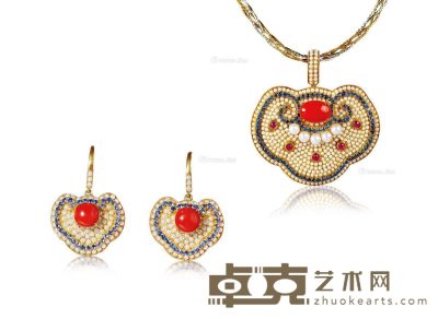 林芳朱设计 珍珠配珊瑚、红宝石及蓝宝石“如意”项链及耳环套装 --