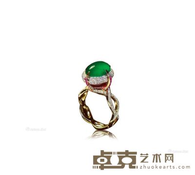 康玲纹设计 天然缅甸翡翠配红宝石及钻石戒指 --