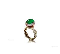 康玲纹设计 天然缅甸翡翠配红宝石及钻石戒指