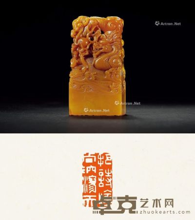 清 寿山石双龙戏珠钮章 4.7×2.6×8.9cm