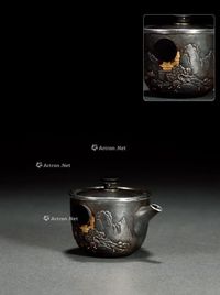 明治大正·嵌金银亭台楼阁铁包银茶器