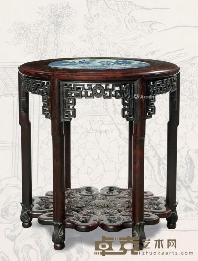 清 红木嵌青花山水纹瓷板圆桌 高84cm；直径81cm