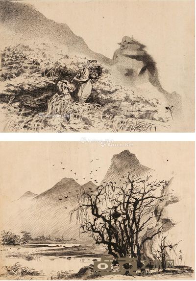 杨左陶 锄禾农作图·寒鸦岸柳图 28×19cm;27×19cm