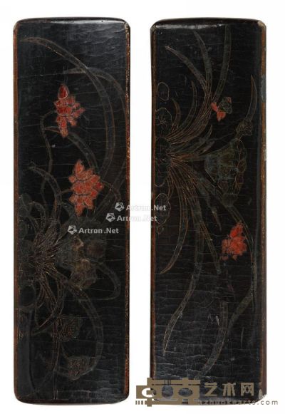 明·黄宾虹自用黑漆描金彩绘荷叶花卉纹压纸 24.2×7.3×1.7cm