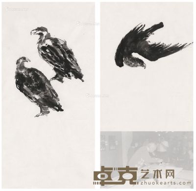 刘海粟 鹰二种 134×67cm×2