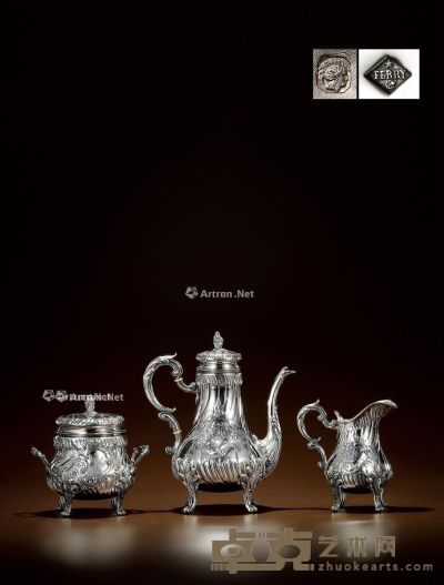 1880年制 费里（FERRY）纯银咖啡茶具 （三件套） 咖啡壶高26cm；宽22cm；糖罐高17.5cm；宽17cm；牛奶壶