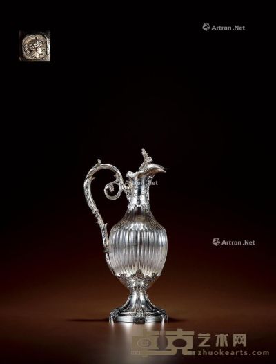 1910年制 纯银配水晶高浮雕雕花酒壶 高32cm；宽17cm；底部直径10.9cm；总重量927g