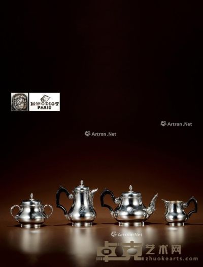 1906年制 奥迪欧（Odiot）纯银咖啡茶具 （四件套） 咖啡壶高13cn；宽12cm；茶壶高10.5cm；宽16cm；糖罐高