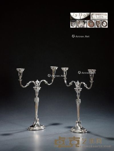 1910年制 纯银双头蜡烛台 （一对） 高40.5cm；宽37cm