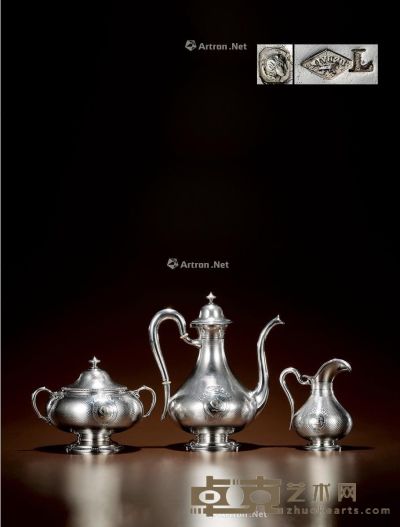 1911年制 纯银咖啡茶具 （三件套） 咖啡壶高24.5cm；宽21cm；糖罐高14cm；宽19.5cm；牛奶