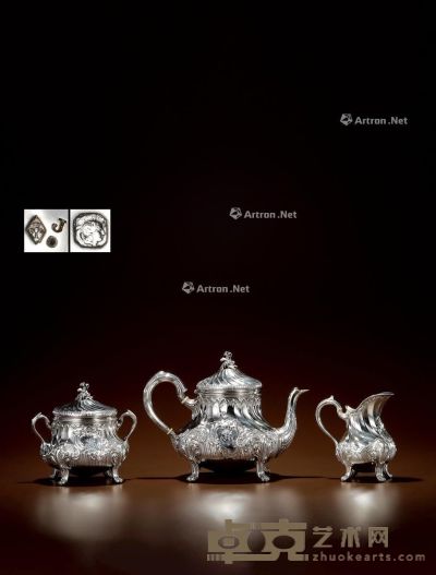 1870年制 纯银咖啡茶具 （三件套） 咖啡壶高18cm；宽24.5cm；糖罐高14.5cm；宽15.5cm；牛