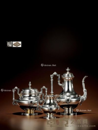 1880年制 纯银高浮雕咖啡茶具 （三件套） 咖啡壶高25.5cm；宽21.5cm；糖罐高17.5cm；宽19.5cm；