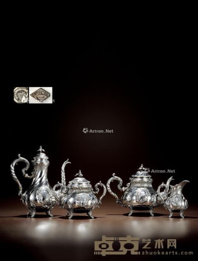 1880年制 纯银咖啡茶具 （四件套） 咖啡壶高26.5cm；宽23cm；茶壶高19.5cm；宽26.5cm；糖