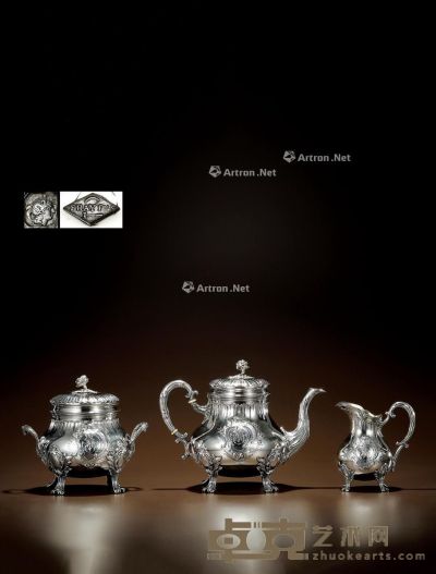1875年制 纯银咖啡茶具 （三件套） 茶壶高19.5cm；宽24.5cm；糖罐高17cm；宽18.8cm；牛奶