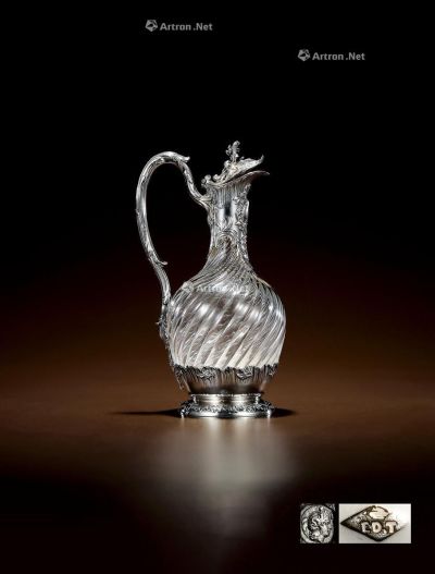 1880年制 纯银配水晶高浮雕雕花酒壶