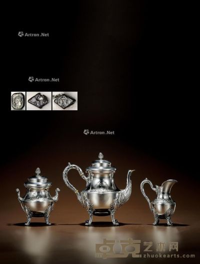 1905年制 纯银咖啡茶具 （三件套） 咖啡壶高21cm；宽22cm；糖罐高17cm；宽12.8cm；牛奶壶