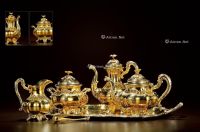 1911年制 纯银镀金咖啡茶具五件套配精美铜镀金托盘
