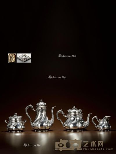 1905年制 纯银咖啡茶具 （四件套） 咖啡壶高19.5cm；宽18cm；茶壶高15.5cm；宽22cm；糖罐