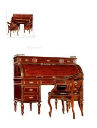 1900年制 胡桃木铜鎏金镶嵌翻盖式书桌配皮椅