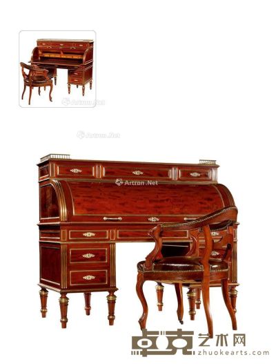 1900年制 胡桃木铜鎏金镶嵌翻盖式书桌配皮椅 长145cm；宽70cm；高128cm