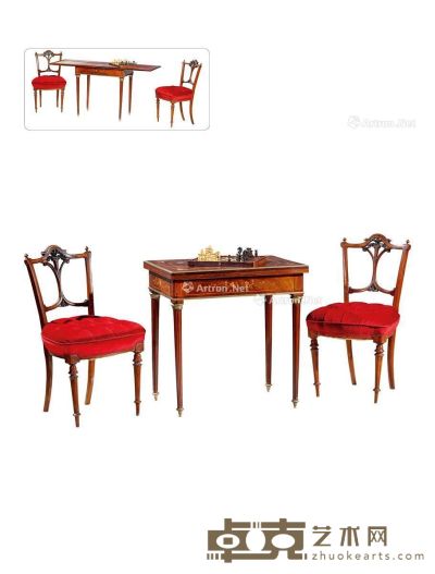 1900年制 国际象棋牌桌配二椅 长75cm；拉开长150cm；宽55cm；高77cm
