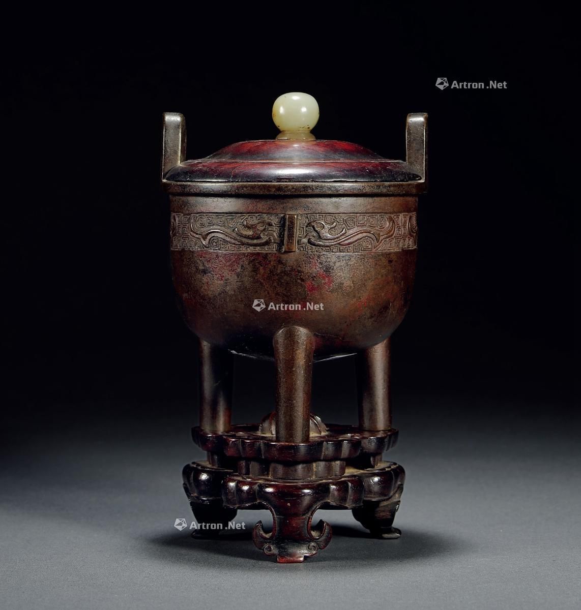清 铜夔凤纹冲天耳鼎式炉 带座高19cm;高15cm;通径11.8cm;重666g