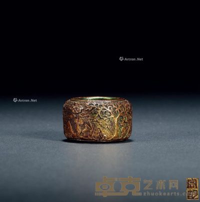 清 文明款铜鎏金锦地仙鹤花卉纹水盂 高2.9cm；口径4.5cm