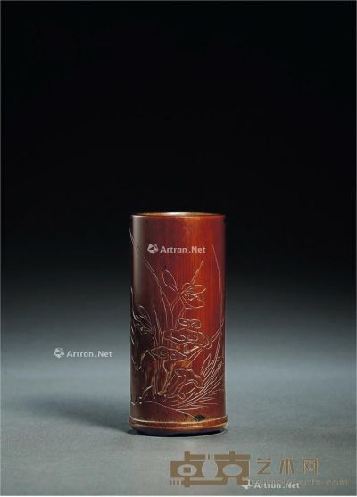 清 竹雕兰石灵芝图笔筒 高：15.2cm；直径：6.9cm