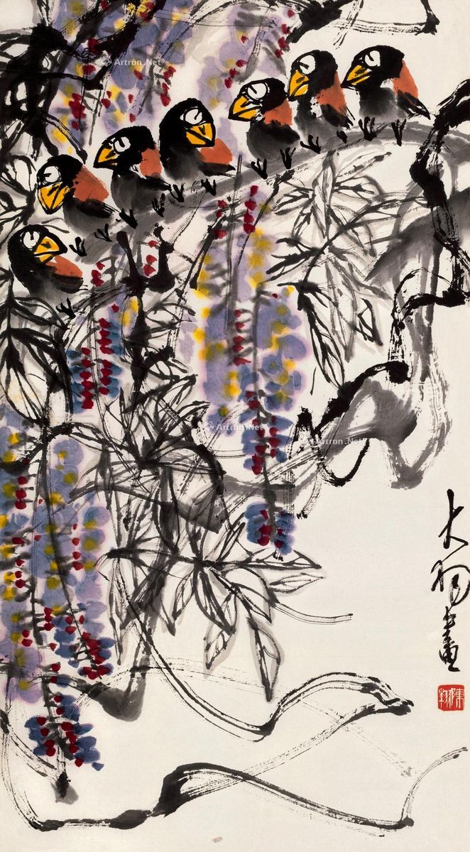 陈大羽 花间栖禽 88.5×47.5cm