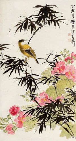 谢稚柳 芙蓉竹雀