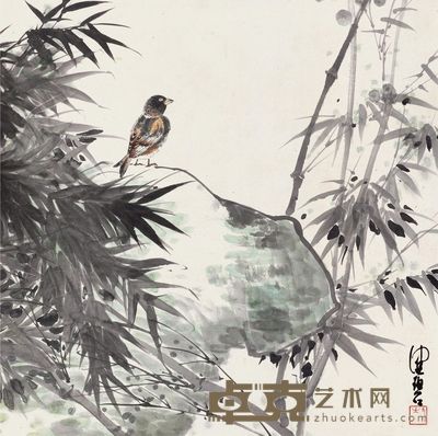 陈佩秋 竹石栖禽 66×67cm