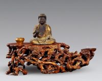 清 木胎漆金佛像（附天然瘿木随型座、铜钵式炉）