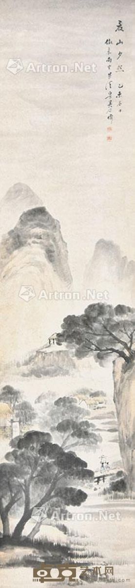 吴石僊 夏山夕照 145×33cm