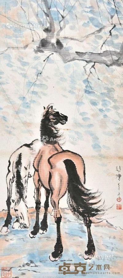 徐悲鸿 饮马图 85×38cm