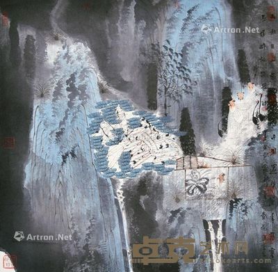 卢禹舜 秋山观瀑图 68×68cm