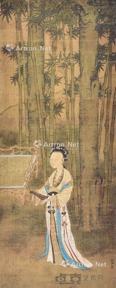 仇英 竹荫仕女 49×20cm