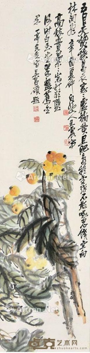 王震画 吴昌硕题 枇杷 113×29cm