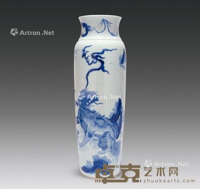 清 青花麒麟芭蕉纹筒瓶 高47cm