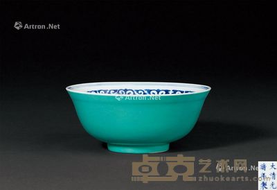 清光绪 外湖绿釉内青花缠枝花卉纹碗 直径15.1cm