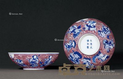 清光绪 青花胭脂红料八仙祝寿图碗 （一对） 直径21.9cm×2