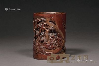 清康熙 竹雕渔家乐图笔筒 11.5×15.7cm